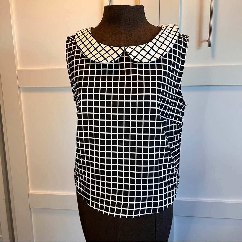 Bright & Beautiful Grid Print Peter Pan Collar Top | Sleeveless | Size L